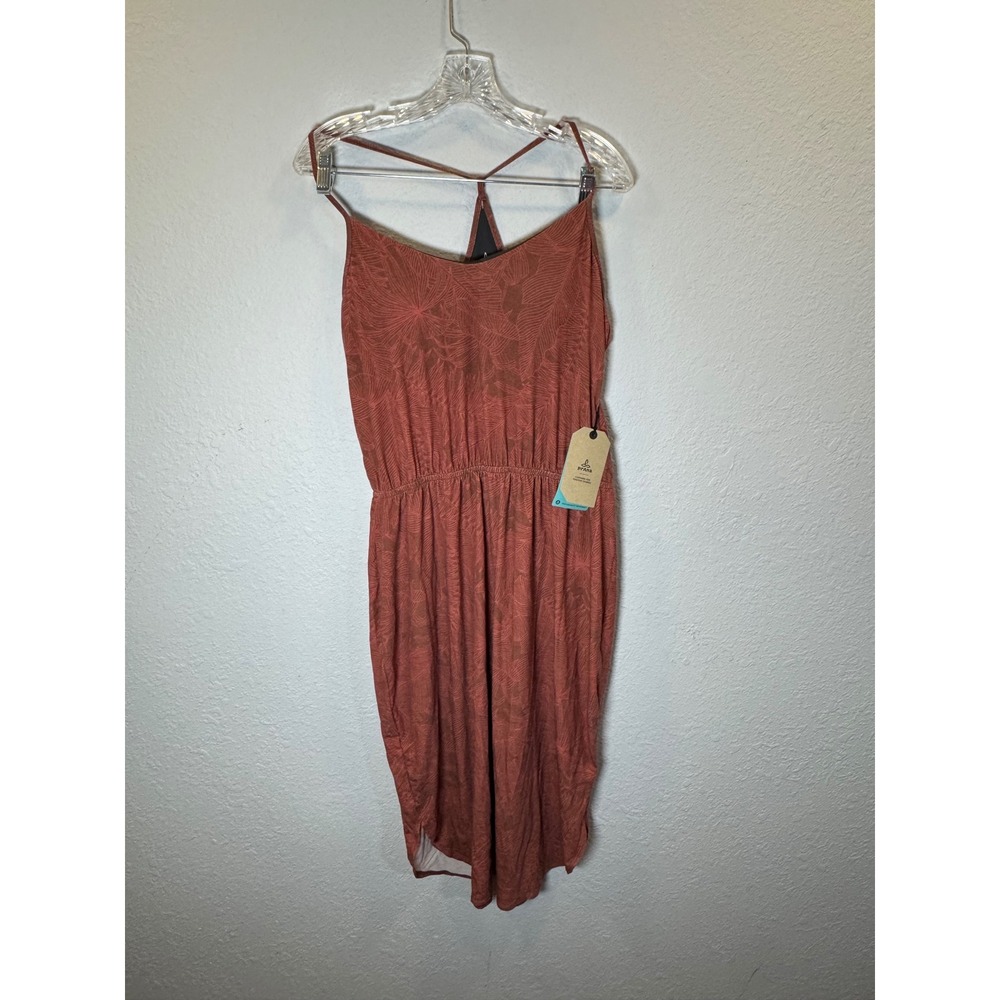 Prana Ayla Dress Roux Fronds Terracotta Leaf Print Racerback Midi Dress Womens L